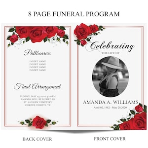 8 Page Red Rose Funeral Program Template, Editable Minimalist Obituary Template