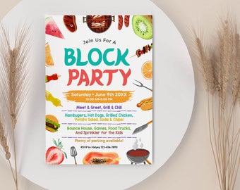 Block Party Flyer Template, Neighborhood Party Invite, Neighborhood Cookout Invite, BBQ Community Party Invitation