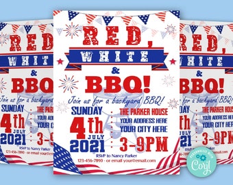 Barbecue Invitation, Red White Blue BBQ Invite, Printable Cookout invitation