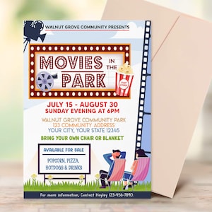 Movies In The Park Flyer, Outdoor Movies in the Park Poster, Community Benefit Fundraiser, Printable Invitation Flyer