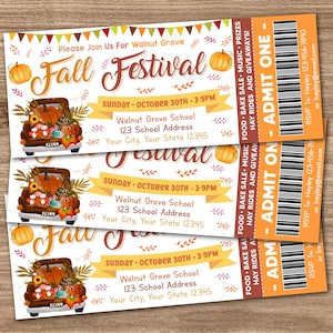 Fall Harvest Festival Ticket Invite, Autumn School Church Community Fall Harvest Invitation Flyer, Fall Event Party Ticket Template