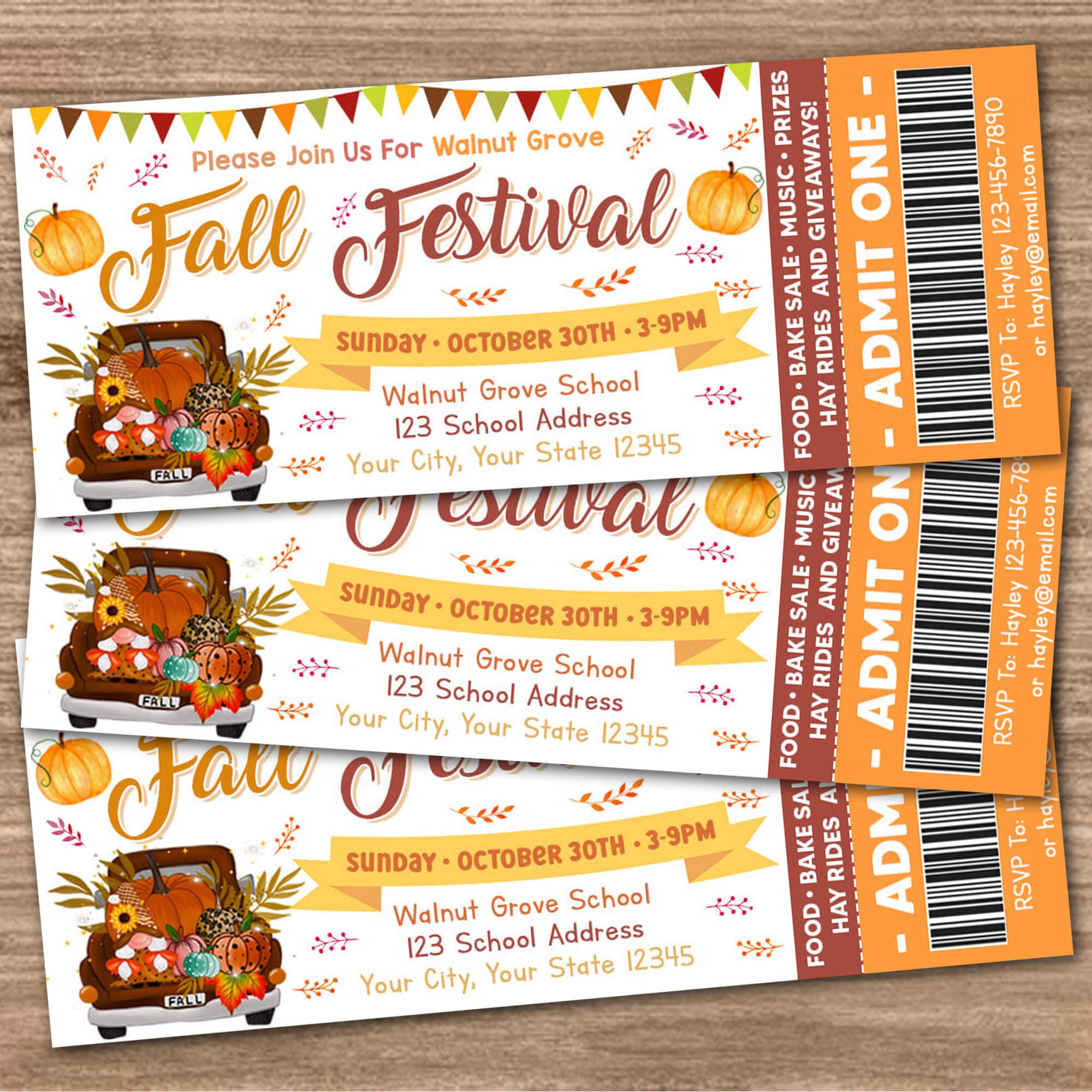 Fall Harvest Festival Ticket Invite, Autumn School Church Community Fall Harvest Invitation Flyer, Fall Event Party Ticket Template