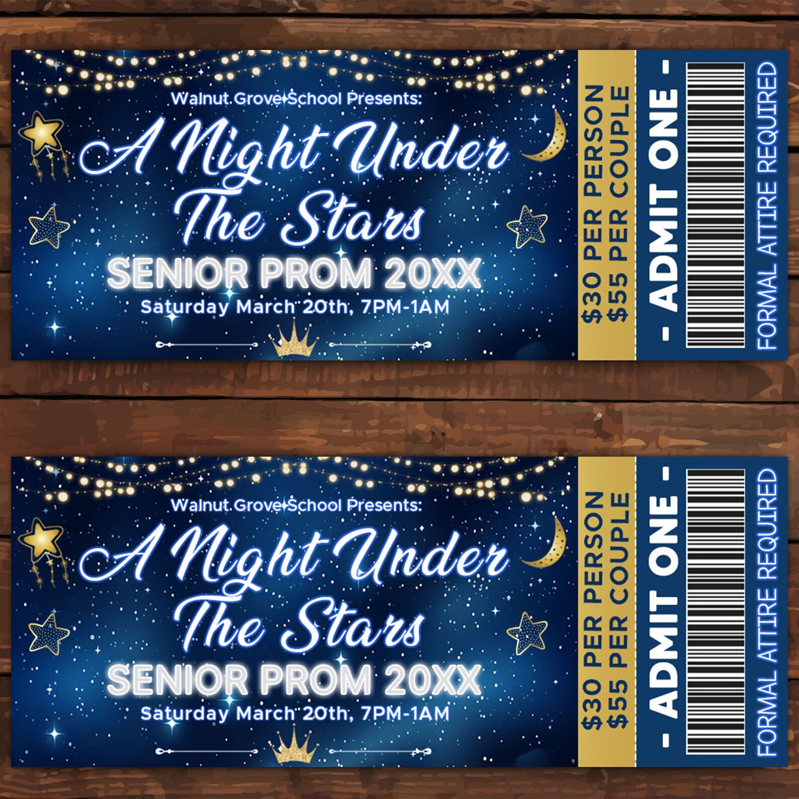 Editable A Night Under the Stars Prom Ticket, School Dance Flyer Prom ...