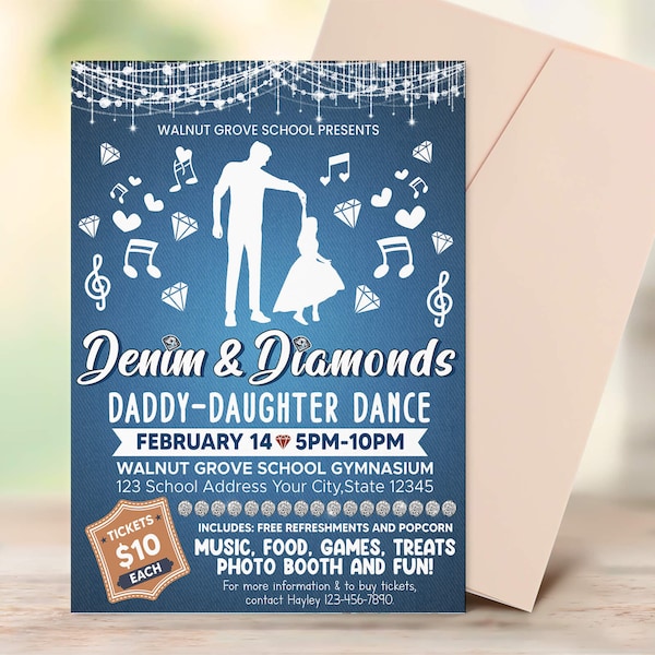 Editable Denim and Diamonds Daddy Daughter Dance Fundraiser Flyer, Blue Jeans and Bling Theme, School Pto Pta Flyer Invite, Paperless Post