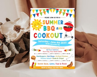 Editable Summer BBQ Invitation, Summer Party Invite, Summer Barbeque Picnic Invite, BBQ Cookout Party, Instant Download