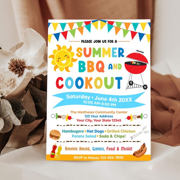 Editable Summer BBQ Invitation, Summer Party Invite, Summer Barbeque Picnic Invite, BBQ Cookout Party, Instant Download