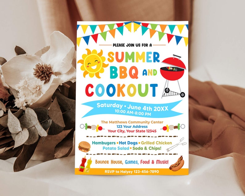 Editable Summer BBQ and Cookout Party Invitation, Summer Barbeque Picnic Invite, Picnic Party Template, BBQ Cookout Party, Instant Download