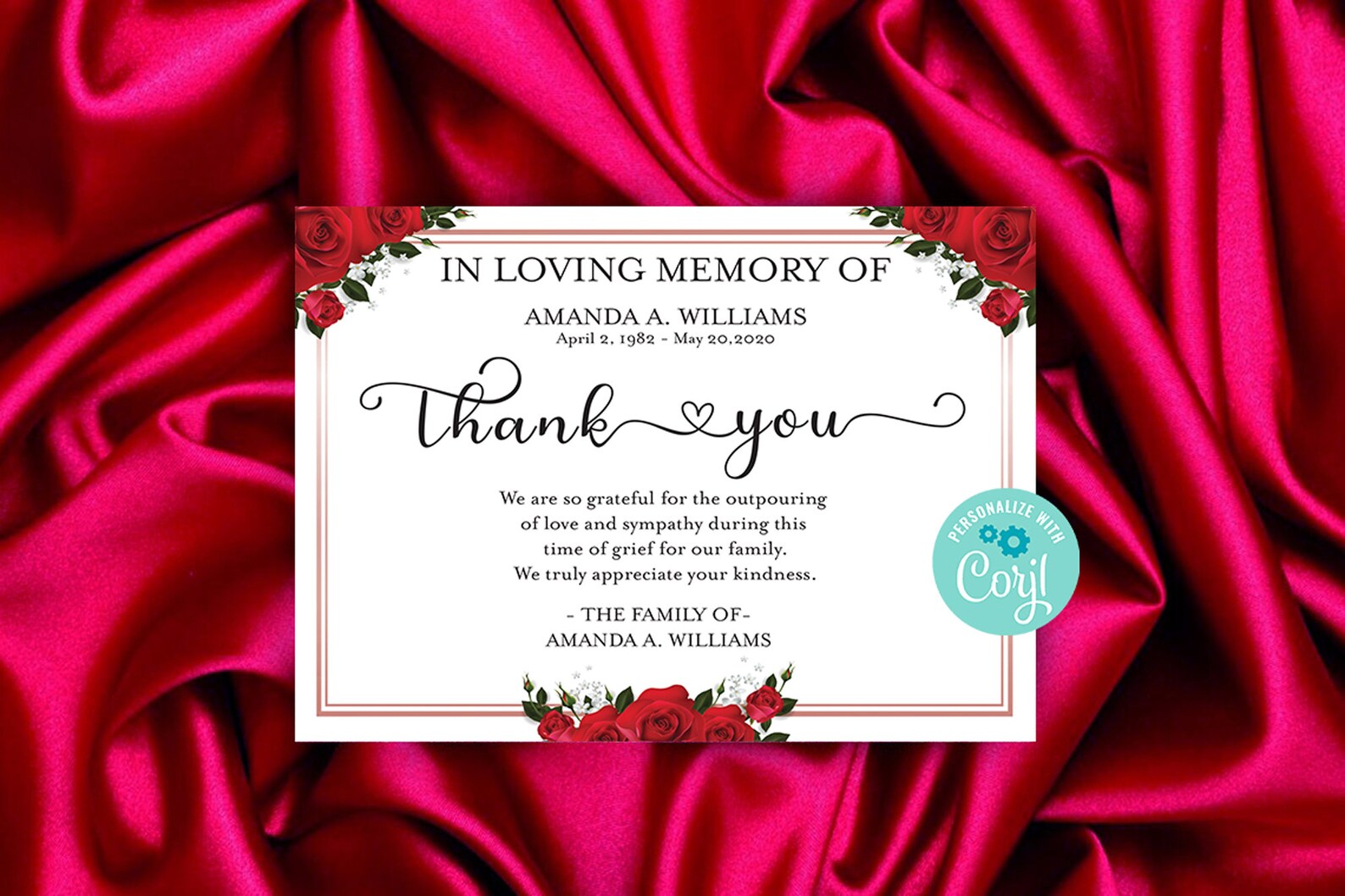 Sympathy Thank You Card, Red Rose Funeral Thank You Card Template ...