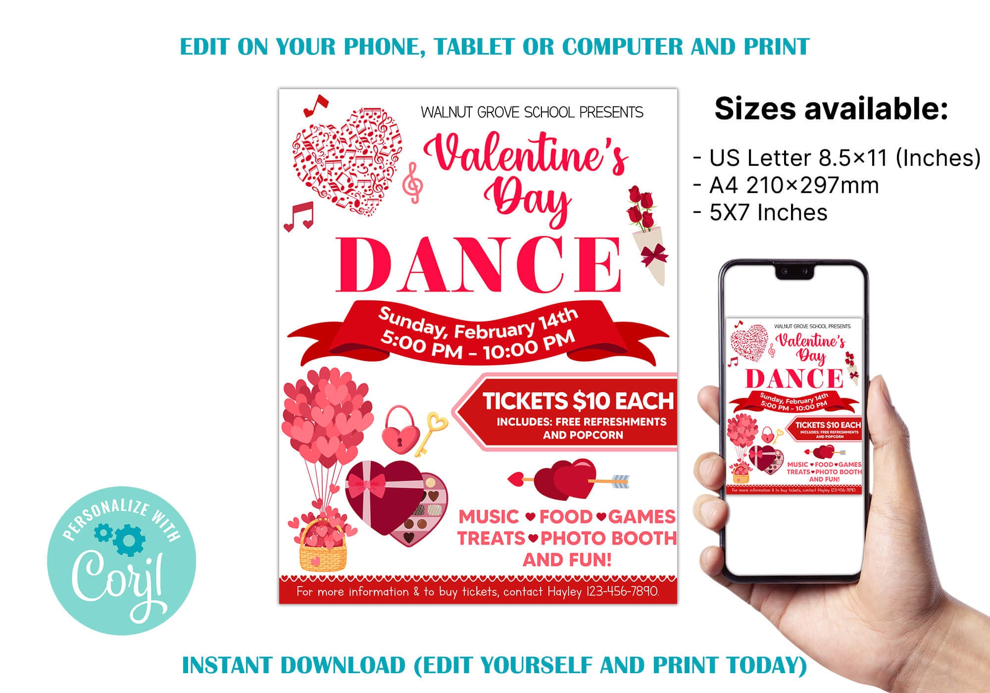 DIY Valentine's Day Sweetheart Dance Flyer Editable Template ...