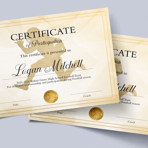 Football Award Certificate Template, Sports Participation Achievement Certificate, Football Certificate Instant Download