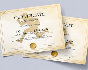 Football Award Certificate Template, Sports Participation Achievement Certificate, Football Certificate Instant Download