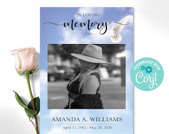 Dove Funeral Program, 4 Page Editable  Program for Funeral Print, Blue Sky White Dove Obituary Program, Obituary Template