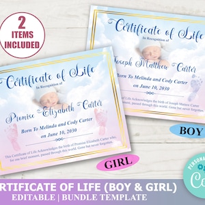 Editable Certificate of Life BOY and GIRL BUNDLE, Baby Loss Printable