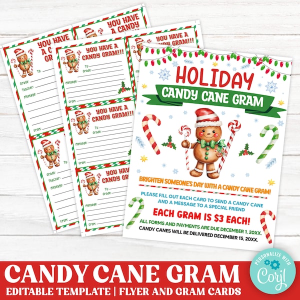 Editable Christmas Candy Cane Gram Template, Holiday Candy Cane Gram School Fundraiser,  PTO PTA Fundraiser, Paperless Post