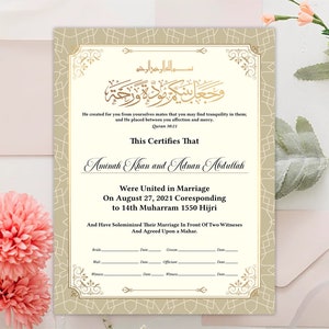 DIY Nikkah Certificate, Tan and Gold Swirl Nikah Template, Editable Islamic Marriage Certificate