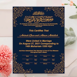 Editable Islamic Marriage Certificate, DIY Nikkah Certificate, Gold Navy Blue Nikah Template