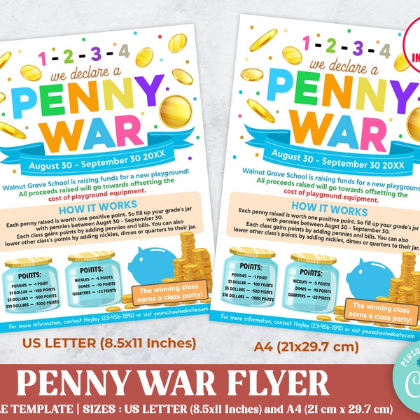 Editable Penny War Fundraiser Flyer, Church Nonprofit PTO PTA Event, School Fundraiser Event, Instant Download Template