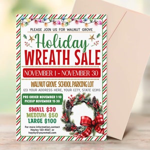 Editable Holiday Wreath Sale Flyer, Holiday Sale Template, Wreath Sale Fundraiser Invitation, Christmas Charity Nonprofit,