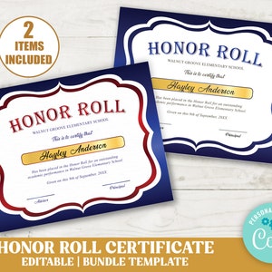 Editable Honor Roll Template Bundle Set of 2, DIY Honor Student Award Certificate Template, School Achievement Template for Students