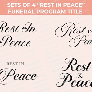 以下が含まれることがあります： 4インチの「安らかにお眠りください」という葬儀プログラムのタイトルが4セット、筆記体で書かれています。テキストは黒で、薄いピンク色の背景です。