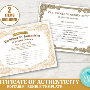 EDITABLE Set of 2 Certificate of Authenticity for Artwork Bundle , Custom Gold and Brown Vintage Style DIY Authenticity Certificate