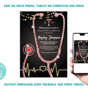 Editable Nurse Graduation Invitation Black and Rose Gold, Nursing Grad Invite Template, Graduation Party Invitation, Paperless Post