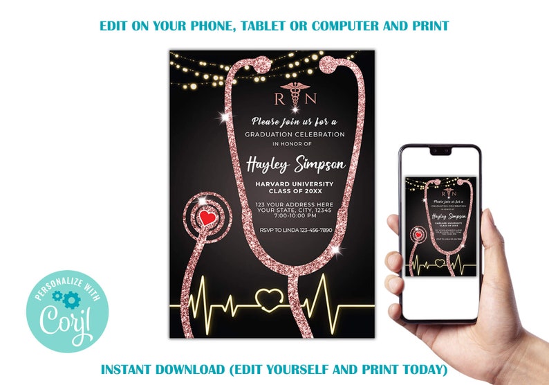 Editable Nurse Graduation Invitation Black and Rose Gold, Nursing Grad Invite Template, Graduation Party Invitation, Paperless Post