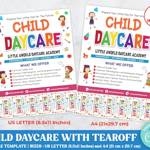 Childcare Flyer with Tearoff Template, Kindergarten Daycare, Babysitting, Play Centre, Children Fun, After School Care