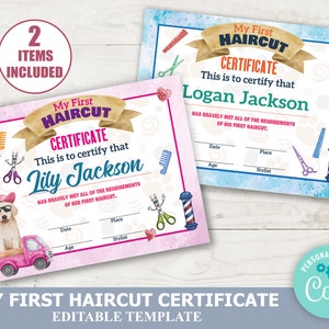 EDITABLE First Haircut Certificate Download Bundle, Boys and Girls First Hair Cut Keepsake, Printable Template, Instant Download