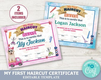 EDITABLE First Haircut Certificate Download Bundle, Boys and Girls First Hair Cut Keepsake, Printable Template, Instant Download