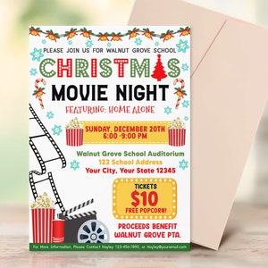 Christmas Movie Night Flyer Template, Fundraiser Event Poster, Holiday Cinema Party Invitation, Xmas School Church Benefit, PTA PTO Flyer