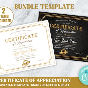 DIY Certificate of Appreciation Bundle,  Gold and Black Custom Award Certificate Template, Elegant Style Editable Template