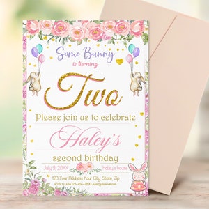 Editable Some Bunny is Two Birthday Invitation, Second Birthday Invite, INSTANT DOWNLOAD