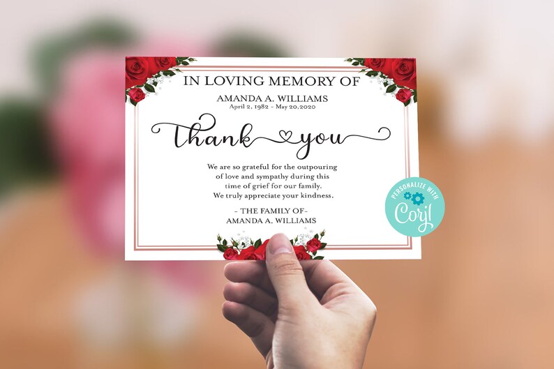 Sympathy Thank You Card, Red Rose Funeral Thank You Card Template ...
