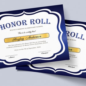 Editable Honor Roll Certificate Template, Royal Blue School Award Printable Award, Elementary High School Award, Certificate Download image 6