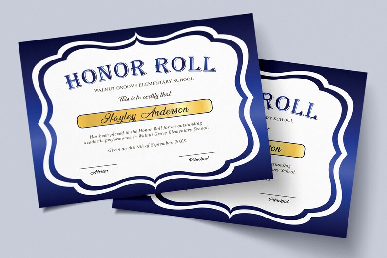 Editable Honor Roll Certificate Template, Royal Blue School Award Printable Award, Elementary High School Award, Certificate Download image 6