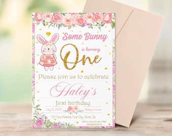 Editable Some Bunny is One Birthday Invitation Girl, First Baby Girl Birthday Invite, INSTANT DOWNLOAD