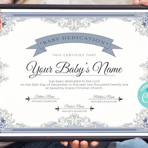 Blue Baby Dedication Certificate, Editable Baby Christening Dedication, Printable Baptism Certificate, INSTANT DOWNLOAD