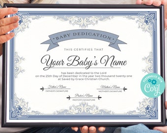 Blue Baby Dedication Certificate, Editable Baby Christening Dedication, Printable Baptism Certificate, INSTANT DOWNLOAD