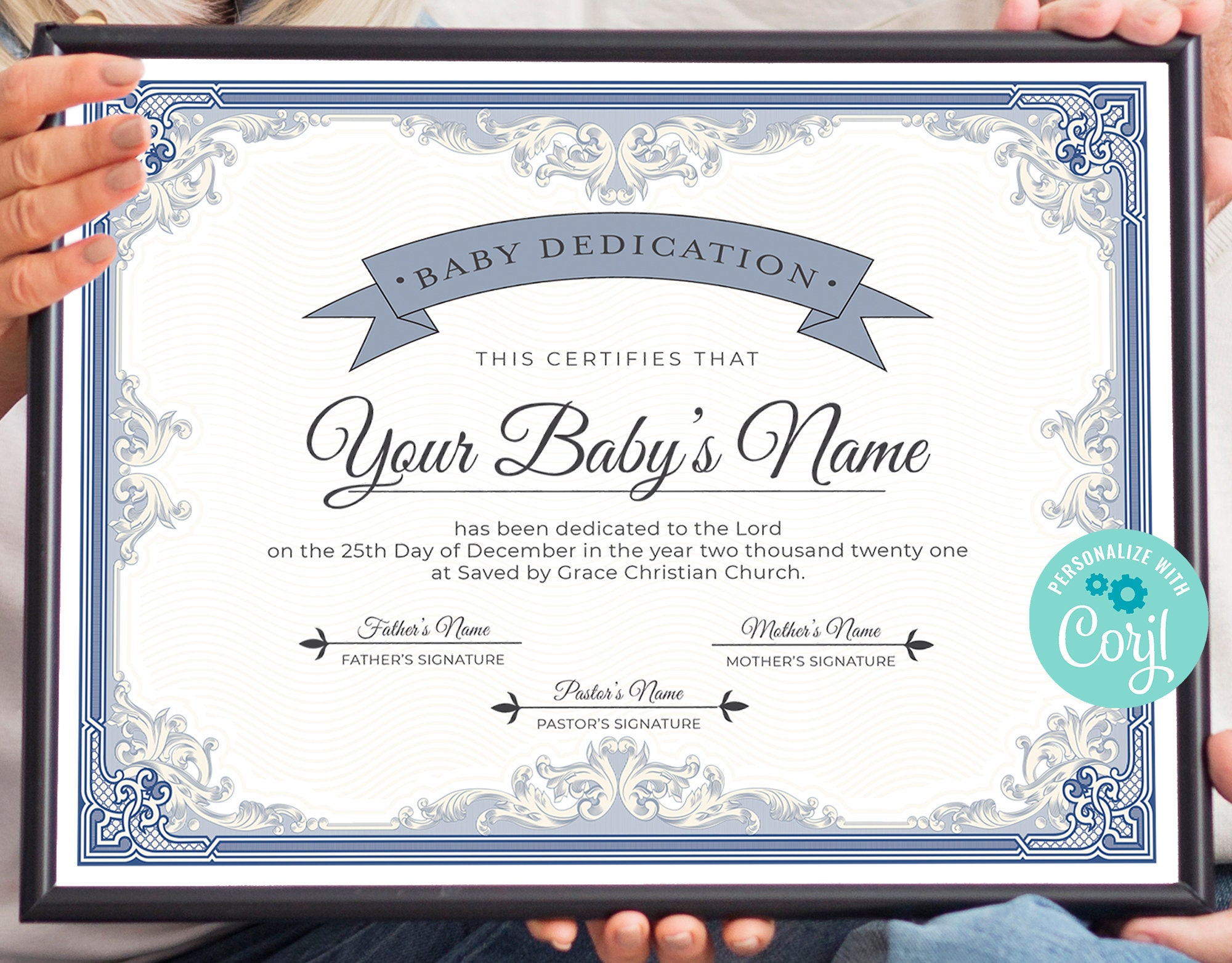 Blue Baby Dedication Certificate Editable Baby Christening Etsy