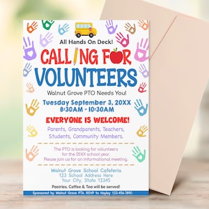 Editable Back to school Volunteer Recruitment Flyer, School Fundraiser Event, Why Volunteer School PTO PTA Template