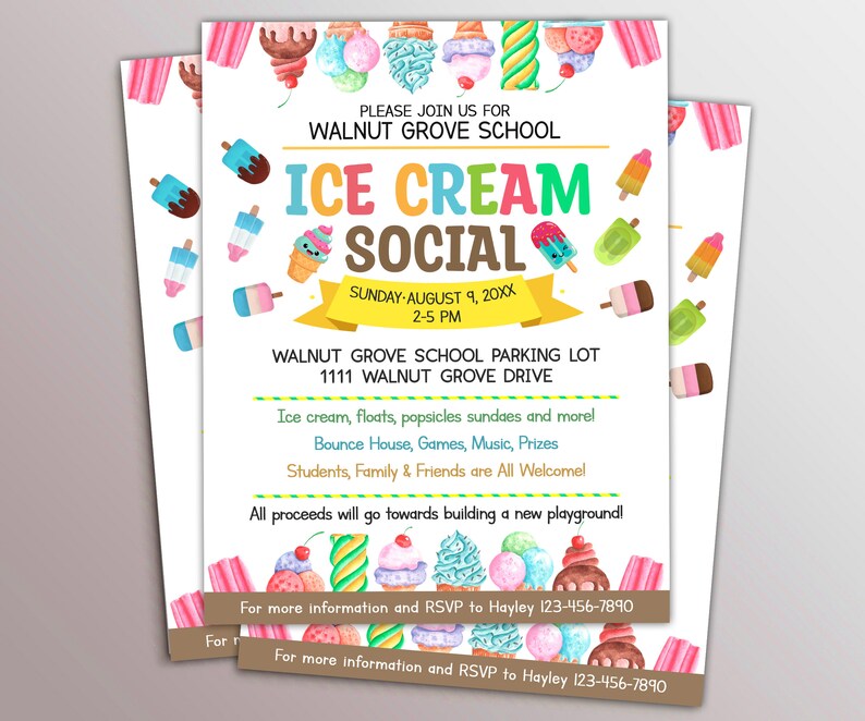 EDITABLE Ice Cream Social Flyer, Summer Ice Cream Party, Watercolor Flyer Template, Church School PTA PTO Flyer image 8