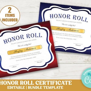 Editable Honor  Award Certificate Blue and Red Bundle, DIY School Award Template for Student, School Achievement Template