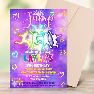 EDITABLE Trampoline Birthday Invitation Template, Neon Trampoline Park Birthday Invitation, Jump Party Invite