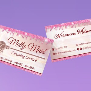 May include: Pink and gold business card with the text "Molly Maid Cleaning Service" and the phone number 123-456-789. The card also includes the email address mollymaid@email.com and the social media handle @mollymaid.