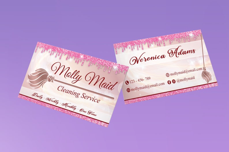 May include: Pink and gold business card with the text "Molly Maid Cleaning Service" and the phone number 123-456-789. The card also includes the email address mollymaid@email.com and the social media handle @mollymaid.