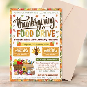 Thanksgiving Food Drive Flyer, Autumn Food Drive, Fall Food Drive Flyer, School Church Community Hunger Drive, Invitation Flyer