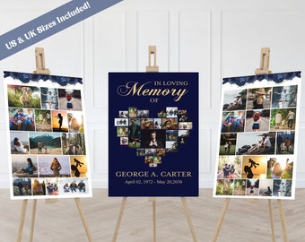 EDITABLE Funeral Poster Photo Display Set, Navy Blue In Loving Memory Poster, Funeral Photo Collage Display, Funeral Welcome Sign Set of 3