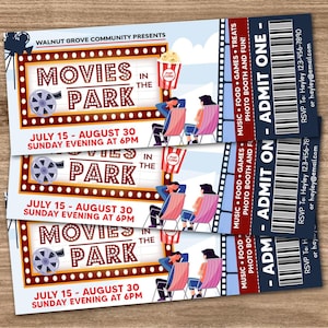 Movies In The Park Ticket Template, Outdoor Movies in the Park Ticket, Community Benefit Fundraiser, Printable Invitation Ticket
