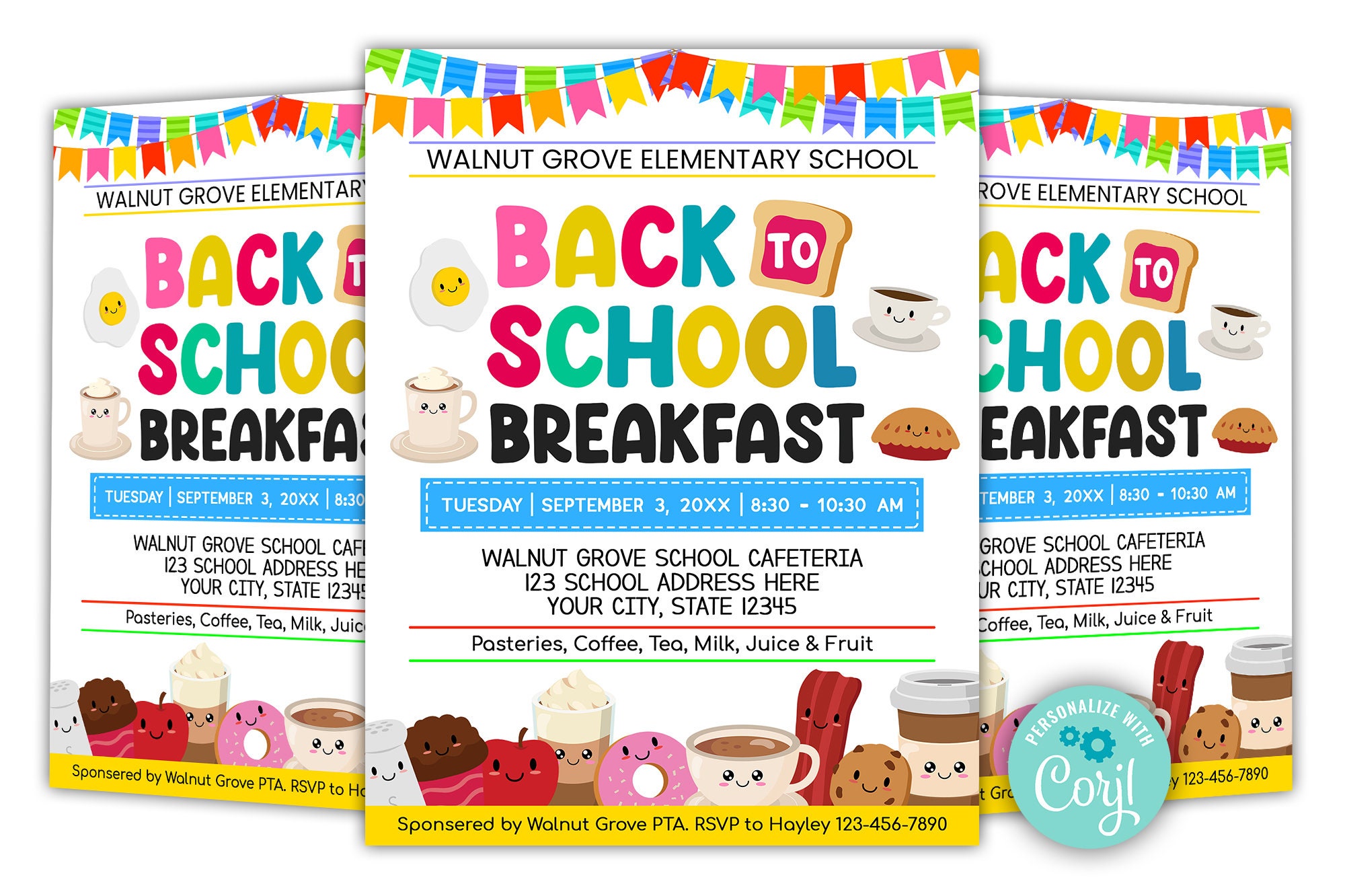 EDITABLE Back To School Breakfast Flyer Template, PTO PTA Fundraiser Breakfast Invitation, Teacher Staff Breakfast Invite